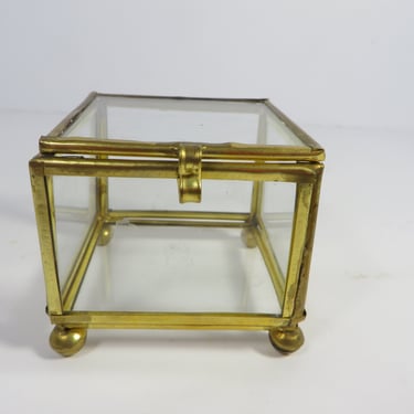 Vintage Glass Brass Box -  Small Square Etched Bird Glass Box 