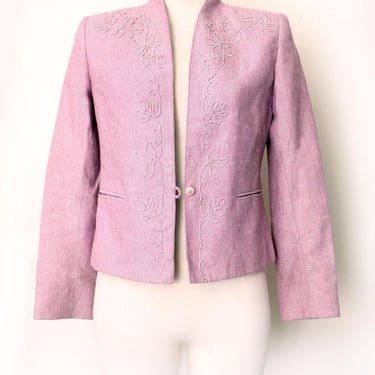 Pink Wool Short Jacket Vintage 1970's, 1980's Suit Blazer Embroidered Preppy Boho 