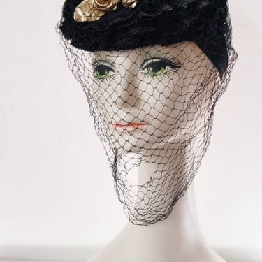 1930s Black Cocktail Hat with Bow, Gold Flowers, Veil / 30s Evening Hat Black Satin Netting Art Deco / Charmaine 
