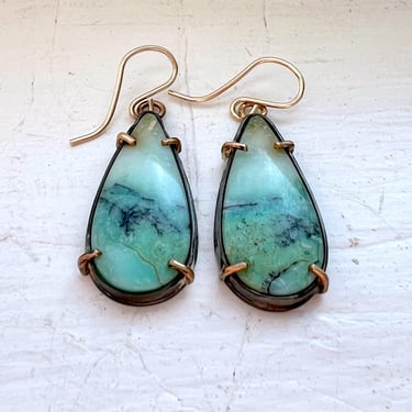 Fossil Wood Opal Handmade Dangles in Black and Gold Teardrop Dangle Earrings One of a Kind 