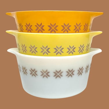 Vintage Pyrex Casseroles Retro 1960s Mid Century Modern + Town and Country + 471/472/473 Set of 3 + Ceramic + Brown Star + Kitchen Cookware 