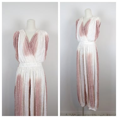 Vintage 1970s Grecian goddess jumpsuit gauze cotton ombre crinkle genie harem pants romper one size 