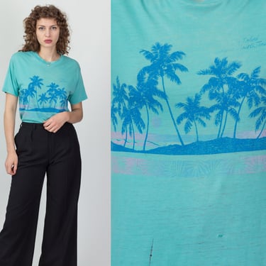 80s Padre Island Burnout Palm Tree Graphic Tee - Men's Medium, Women's Large | Vintage Blue Tropical Tourist T Shirt 