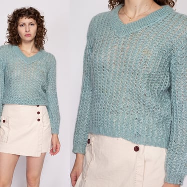 M| 70s Aqua Blue Mohair Wool Sweater - Medium | Vintage Sheer V Neck Open Weave Knit Pullover 