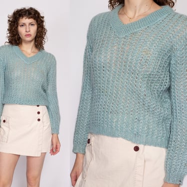70s 80s Vintage Mohair Sweater, Lavender Aqua Handwoven Shaggy 