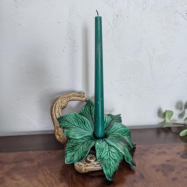 Vintage Ceramic Green Plant on a Log Candle Holder 