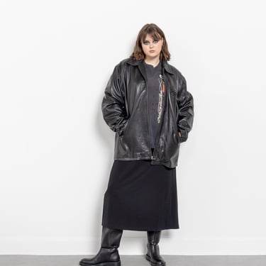 BLACK LEATHER JACKET Vintage Blazer Coat Menswear Woman 90's Oversize / Extra Large Xl 