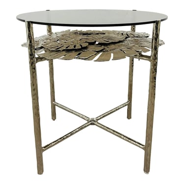 Theodore Alexander Modern Nickel Tropical Leaf Design Round End Table