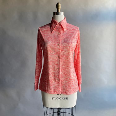 Vintage 1970s Orange Sqiggle Print Blouse / Vintage Womens Button Up / 70s Womenswear Button Down / 1970s Abstract Blouse Small 