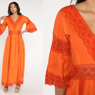70s Mexican Dress Orange Bohemian Wedding Crochet LACE Sheer Bell Sleeve Pintuck V Neck Boho Hippie Vintage Empire Waist Extra Small xs 
