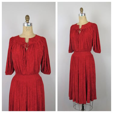 Vintage 1970s terry cloth dress, red, casual, summer, spring fashion, medium 