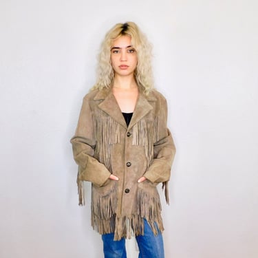 Pioneer Wear Jacket // vintage 70s beige khaki grey suede boho country western hippie dress fringe USA southwestern // O/S 