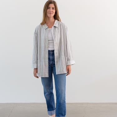Vintage Grey White Tree Bark Striped Shirt Jacket | Unisex Stripe Cotton Pajama Chore shirt | L | 
