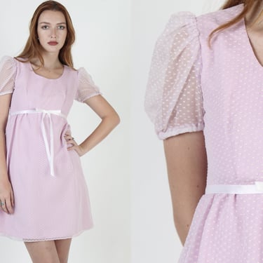1960's Lilac Swiss Dot Dress, Short White Polka Dot Mini, Sheer See Through Puff Sleeves 