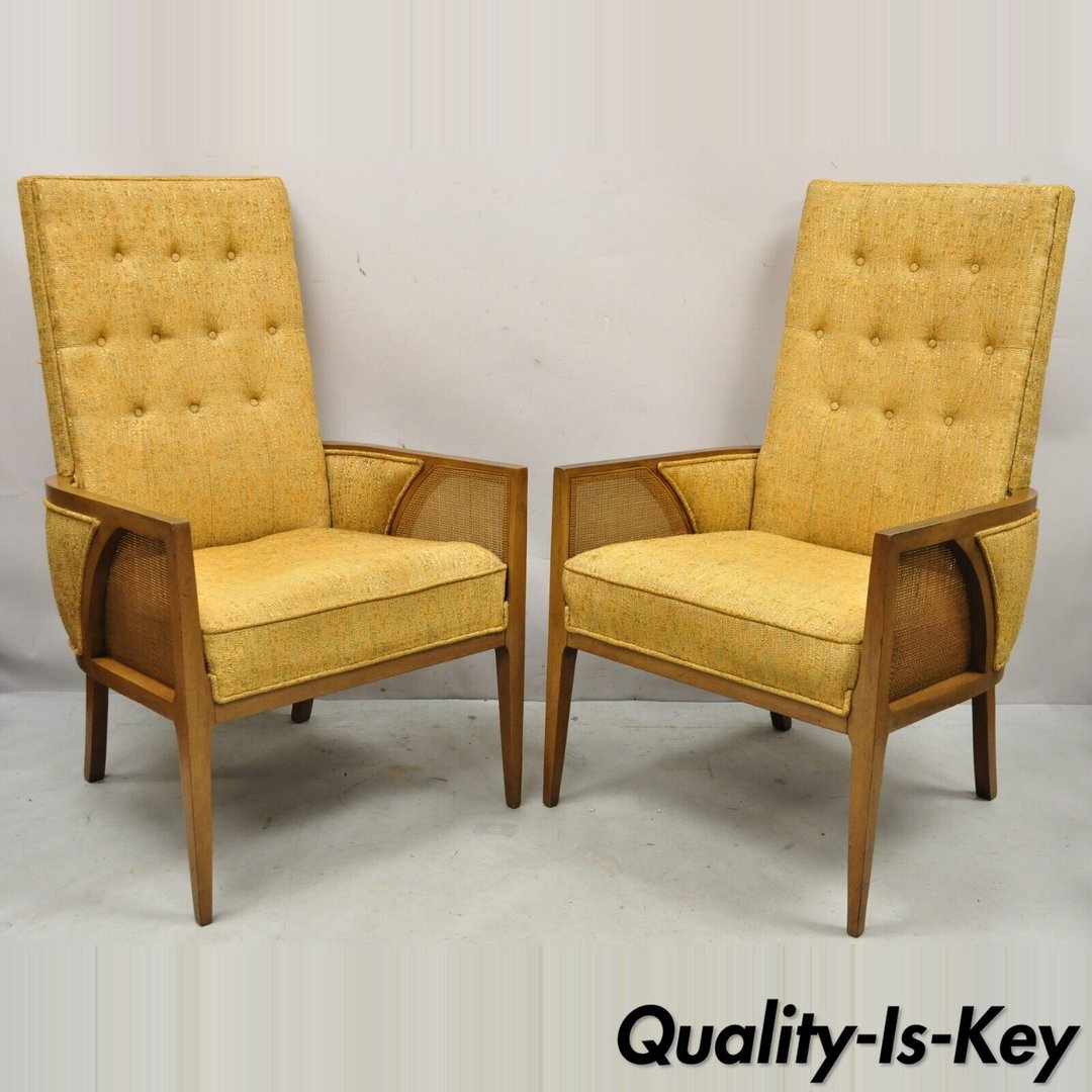 Mid Century Hollywood Regency Sculpted Wood Cane Panel Lounge Chairs