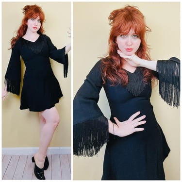 1970s Vintage Kristine Black Crepe Fringe Mini Dress / 70s / Seventies Witchy Bell Sleeve Mod Dress / Size Medium 