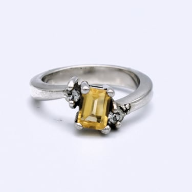 60's citrine white topaz black tourmaline sterling size 8.5 ring, unusual 925 silver gemstones ring 