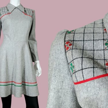 Virgin wool vintage dress from Germany. Mod 60s 70s fit n flare, puff shoulders, lining, short cut. (Modern 6 - 8) 