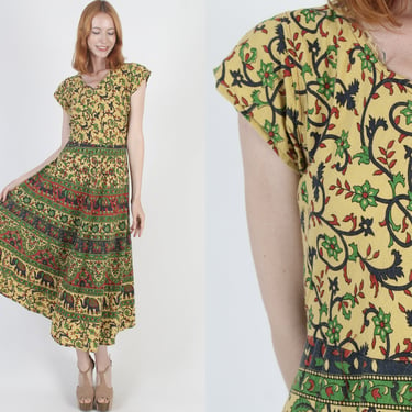 Traditional India Cotton Dress, Colorful Elephant Animal Print Material, Paksitan Festival Boho Gypsy Sundress 