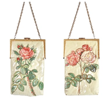 1960s Rose Print Double Side Purse - Rose Print Handbag - Vintage Rose Print Purse - Vintage Trapunto Purse - Vintage Floral Purse 