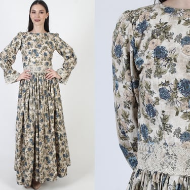 Historical Period Dress, Old Fashion Pilgrim Gown, Colonial Floral Print, Jo-Ann Fabric Maxi 