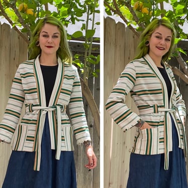 Vintage 1970’s Green and White Striped Sweater with Tie 