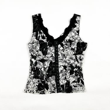 y2k Studio Y Black and White Floral Lace Stretch Corset Top / Hook and Eye / L / 00s / Net / Micro Mesh / Coquette / Goth / Bustier / Large 