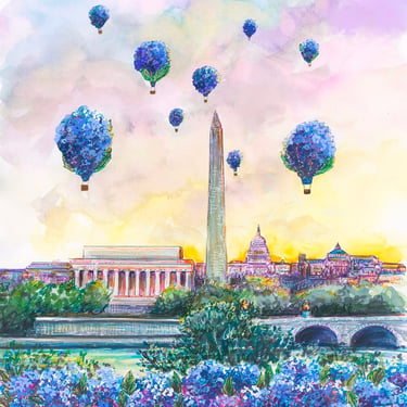 Hydrangea Balloons Skyline Washington DC Gicleé Print Illustration by Cris Clapp Logan 