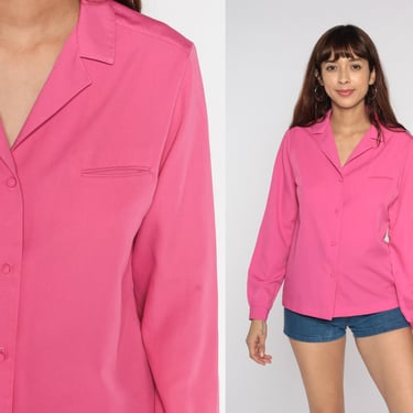 70s Button Up Shirt Bright Pink Blouse Long Sleeve Retro Basic Disco Shirt Collared Plain Seventies Top Vintage 1970s Medium 