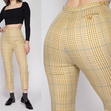 Small 60s Jack Winter Yellow Plaid High Waisted Pants Petite | Retro Vintage Tapered Leg Short Inseam Ankle Trousers 