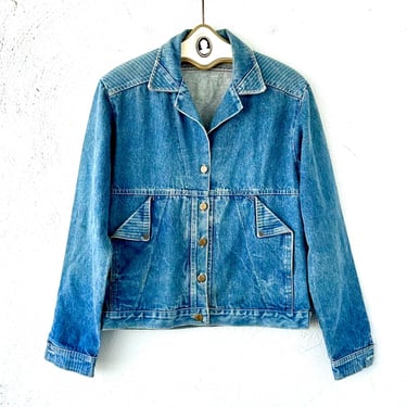 Vintage His 1980s Jean Jacket Origami Pockets // 80s Striped Denim Collared Shirt 