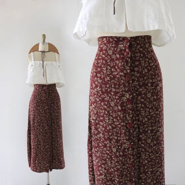 botanical button maxi skirt - l - vintage 90s y2k usa maroon burgundy floral foliage long rayon soft skirt 