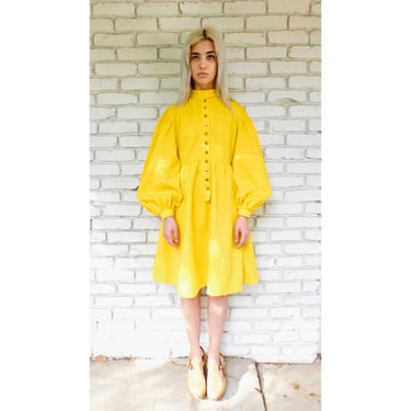 Sunshine Dress // vintage boho hippie midi mini yellow poet sleeves 60s 1960s 1960's 60's mod 70s // S Small 