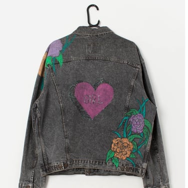 80s customised Levis denim jacket with love heart and rose garden design - Womens Large / XL 