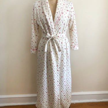 Ivory and Pink Floral Print Quilted Robe - 1970s 