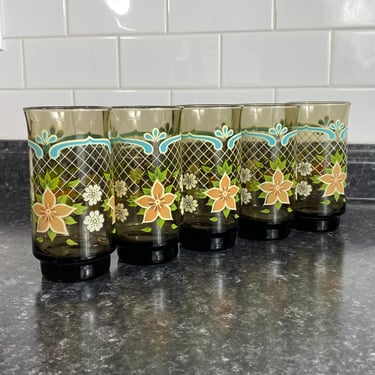 Vintage Smokey Grey Hand Painted Tulip Glass Tumblers | Set of 5 | MCM Floral Print 12oz Glass Set | Highball Tumbler Vintage Cocktail Party 