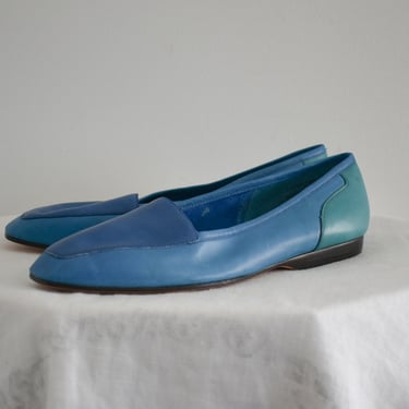 1990s Teal and Green Colorblock Leather Flats, Size 9N 