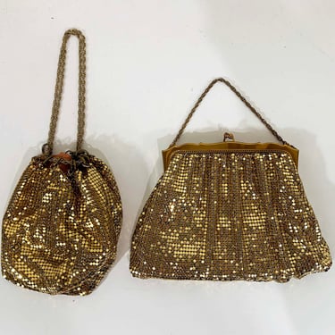 Vintage Mesh Bag Handbag Whiting & Davis Goldtone Metal Coin Purse Kisslock 1950s 1960s Cocktail Drawstring Strap Evening Party Mirror USA 
