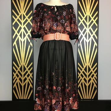 1970s dress, off the shoulders, black floral print, vintage dress, border print, blouson style, polyester, size medium, bohemian, sheer, 28 