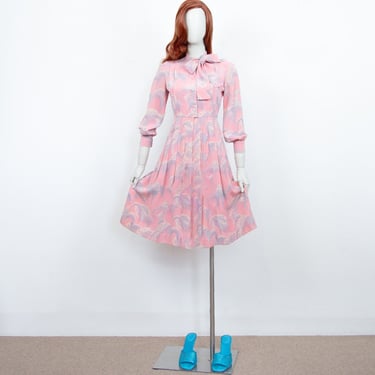 Vintage 70s Pink Blue Floral Silk Midi Pleated Dress Bow Collar Long Sleeves Size S UK 8 