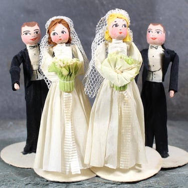 RARE 1930 Crepe Paper Bride and Groom | Antique Cake Topper | Vintage Bridal Accessory | Choice of Blonde or Brunette Bride 