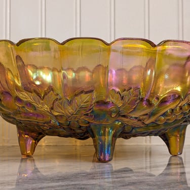 Vintage Amber Carnival Glass Fruit Details Footed Bowl 