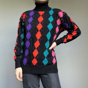 Vintage 80s Neiman Marcus 100% Cashmere Rainbow Argyle Preppy Turtleneck Sweater 