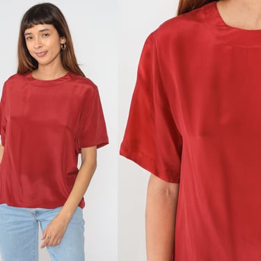 Red Silk Shirt Y2K Simple Blouse Short Sleeve Shirt Sleeve Basic Plain Solid Minimalist Top Retro Casual Vintage 00s Anna and Frank Medium M 