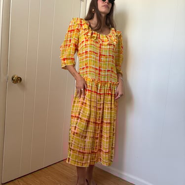 1980s Chiffon Plaid Dropped Waist Dress size Small 