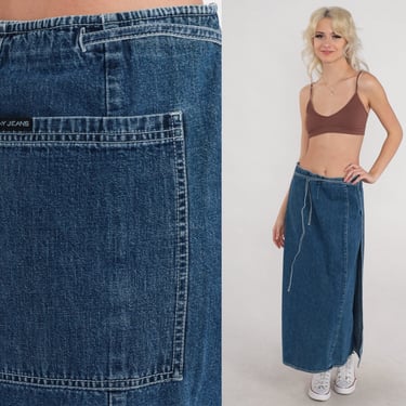 Denim Wrap Skirt Y2k DKNY Blue Jean Maxi Skirt Low Rise Pocket Long Denim Skirt Retro 2000s Streetwear Casual Column Vintage 00s Medium M 
