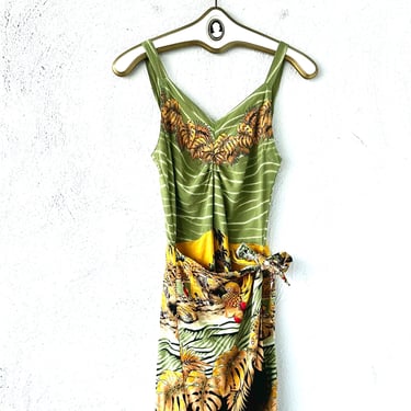 Vintage 90s does 50s Hawaiian Sarong Wiggle Dress Tiki Hawaii Wrap Pin-up Dress 