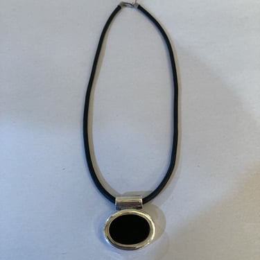 Black onyx sterling pendant on leather cord
