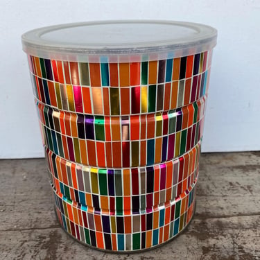 Vintage 70's Folger's Coffee Can, Metallic Multicolored Tin, Artsy Tin, Coffee Lover, Studio Decor, Storage Tin, Rainbow Colors 