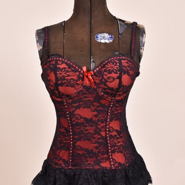 Red Bustier Top with Black Lace, XS/S